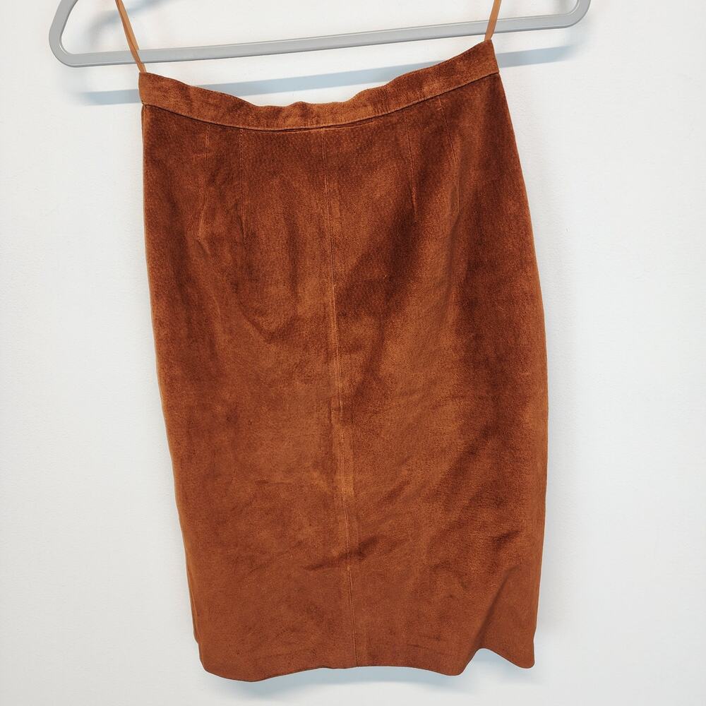 Vintage Pia Rucci Suede Skirt Size 4 23" Cognac Back Slit Knee Length Festival - Picture 4 of 11